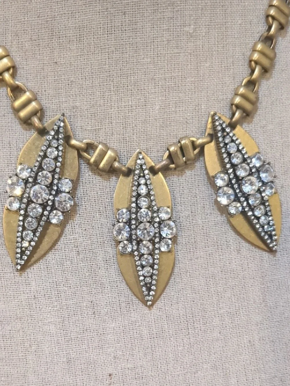 Vintage J Crew Gold Statement Leaf Necklace with Clear Crystals